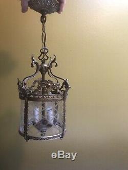 12 in Vintage Lg Brass & Glass French Hanging Hall Lantern Ceiling Light or Lamp