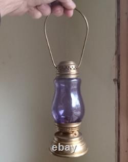 1890s ORIGINAL BRASS SKATER'S LANTERN WITH AMETHYST GLASS GLOBE CARRY HANDLE
