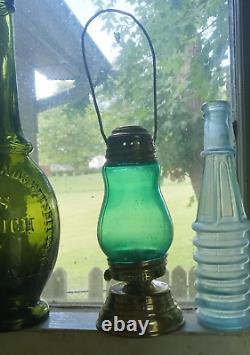 1890s ORIGINAL BRASS SKATER'S LANTERN WITH GREEN GLASS GLOBE BRASS HANDLE NICE