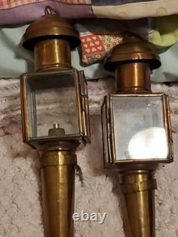 19th century antique carriage lanterns lamps set of 2, Brass & Glass, vintage