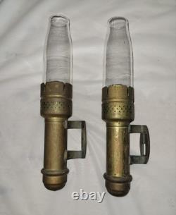 2 Antique Brass Candle Lanterns Railroad Car Wall Sconces with Pyrex Chimneys