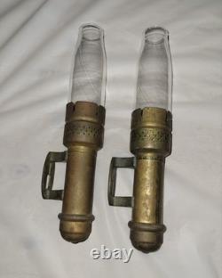 2 Antique Brass Candle Lanterns Railroad Car Wall Sconces with Pyrex Chimneys