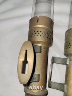 2 Antique Brass Candle Lanterns Railroad Car Wall Sconces with Pyrex Chimneys