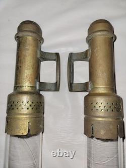 2 Antique Brass Candle Lanterns Railroad Car Wall Sconces with Pyrex Chimneys