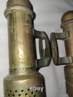 2 Antique Brass Candle Lanterns Railroad Car Wall Sconces with Pyrex Chimneys