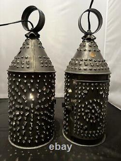 2 Antique Primitive Hand Punched Tin Lantern Paul Revere Hanging Pendant Light