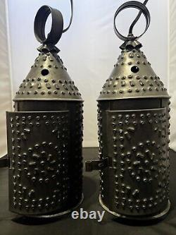 2 Antique Primitive Hand Punched Tin Lantern Paul Revere Hanging Pendant Light