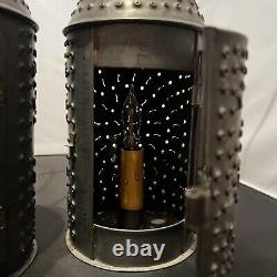 2 Antique Primitive Hand Punched Tin Lantern Paul Revere Hanging Pendant Light
