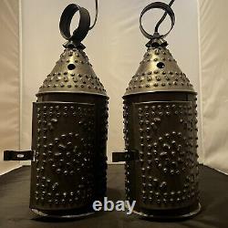 2 Antique Primitive Hand Punched Tin Lantern Paul Revere Hanging Pendant Light