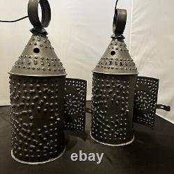 2 Antique Primitive Hand Punched Tin Lantern Paul Revere Hanging Pendant Light