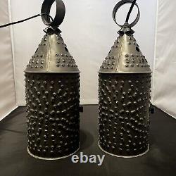 2 Antique Primitive Hand Punched Tin Lantern Paul Revere Hanging Pendant Light