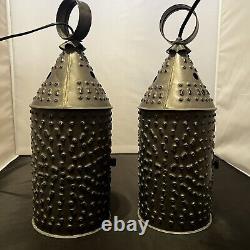 2 Antique Primitive Hand Punched Tin Lantern Paul Revere Hanging Pendant Light