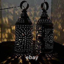 2 Antique Primitive Hand Punched Tin Lantern Paul Revere Hanging Pendant Light