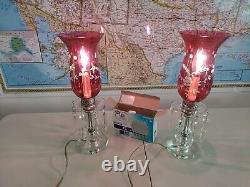 2 Antique VTG Cranberry Etched Glass Hurricane Electric Boudoir Lamps w Prisms