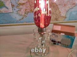 2 Antique VTG Cranberry Etched Glass Hurricane Electric Boudoir Lamps w Prisms