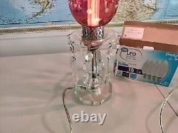 2 Antique VTG Cranberry Etched Glass Hurricane Electric Boudoir Lamps w Prisms