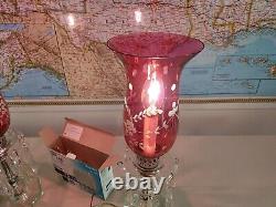 2 Antique VTG Cranberry Etched Glass Hurricane Electric Boudoir Lamps w Prisms