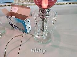 2 Antique VTG Cranberry Etched Glass Hurricane Electric Boudoir Lamps w Prisms