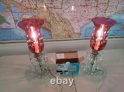 2 Antique VTG Cranberry Etched Glass Hurricane Electric Boudoir Lamps w Prisms