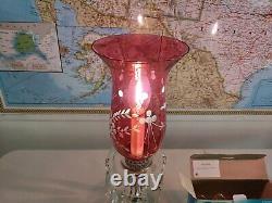 2 Antique VTG Cranberry Etched Glass Hurricane Electric Boudoir Lamps w Prisms