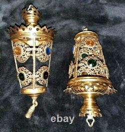 2 Antique Victorian French Brass Ormolu Filigree Jeweled Fairy Lamp Lantern