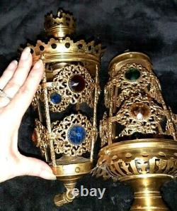 2 Antique Victorian French Brass Ormolu Filigree Jeweled Fairy Lamp Lantern