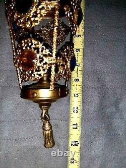 2 Antique Victorian French Brass Ormolu Filigree Jeweled Fairy Lamp Lantern