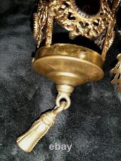 2 Antique Victorian French Brass Ormolu Filigree Jeweled Fairy Lamp Lantern