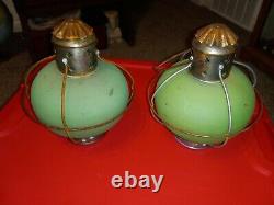 2 Antique Vintage Green Glass Globe Oil Lamp