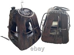 2 Antique Wooden Lantern with Iron Cages Maritime, Railroad, or Barn/Military