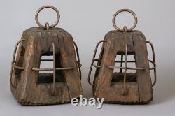2 Antique Wooden Lantern with Iron Cages Maritime, Railroad, or Barn/Military