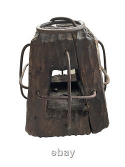 2 Antique Wooden Lantern with Iron Cages Maritime, Railroad, or Barn/Military