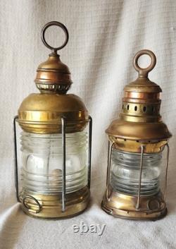 2 Attractive Brass Nautical Antique Lanterns, Copper Accent & Ribbed Glass