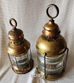 2 Attractive Brass Nautical Antique Lanterns, Copper Accent & Ribbed Glass
