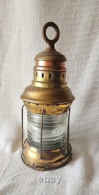 2 Attractive Brass Nautical Antique Lanterns, Copper Accent & Ribbed Glass