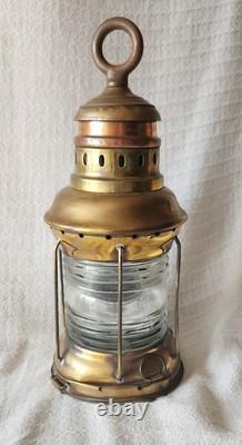2 Attractive Brass Nautical Antique Lanterns, Copper Accent & Ribbed Glass