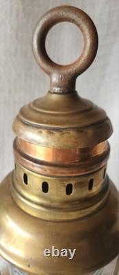 2 Attractive Brass Nautical Antique Lanterns, Copper Accent & Ribbed Glass