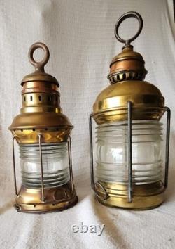 2 Attractive Brass Nautical Antique Lanterns, Copper Accent & Ribbed Glass