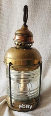 2 Attractive Brass Nautical Antique Lanterns, Copper Accent & Ribbed Glass