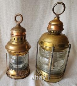 2 Attractive Brass Nautical Antique Lanterns, Copper Accent & Ribbed Glass