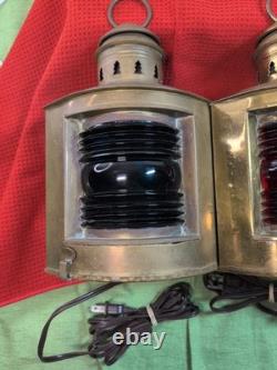 2 Vintage Brass Ships Light Red/Green Nautical Electric Lantern Maritime