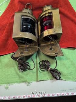 2 Vintage Brass Ships Light Red/Green Nautical Electric Lantern Maritime