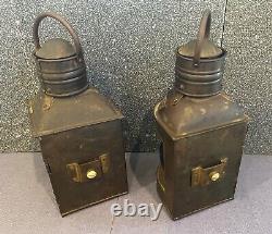2 Vintage Nautical Brass Ship Lanterns Kerosene Port & Starboard 11-1/4 Lamps
