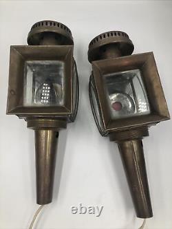2 Vintage Petite Brass Antique Automobile or Carriage Lanterns Lamps Electric
