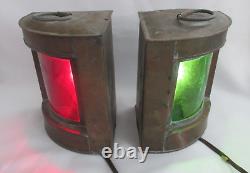 2 Vintage Port Starboard Red Green Glass Bronze Electrified Boat Lights Lanterns