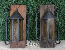 2 Vtg 1960s Gothic Medieval Mid Century light Lantern metal Amber Bubble glass