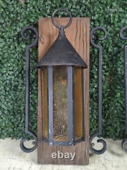 2 Vtg 1960s Gothic Medieval Mid Century light Lantern metal Amber Bubble glass