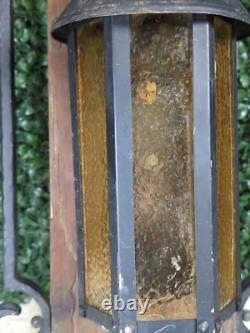 2 Vtg 1960s Gothic Medieval Mid Century light Lantern metal Amber Bubble glass