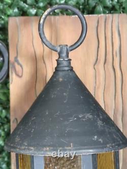 2 Vtg 1960s Gothic Medieval Mid Century light Lantern metal Amber Bubble glass