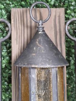 2 Vtg 1960s Gothic Medieval Mid Century light Lantern metal Amber Bubble glass